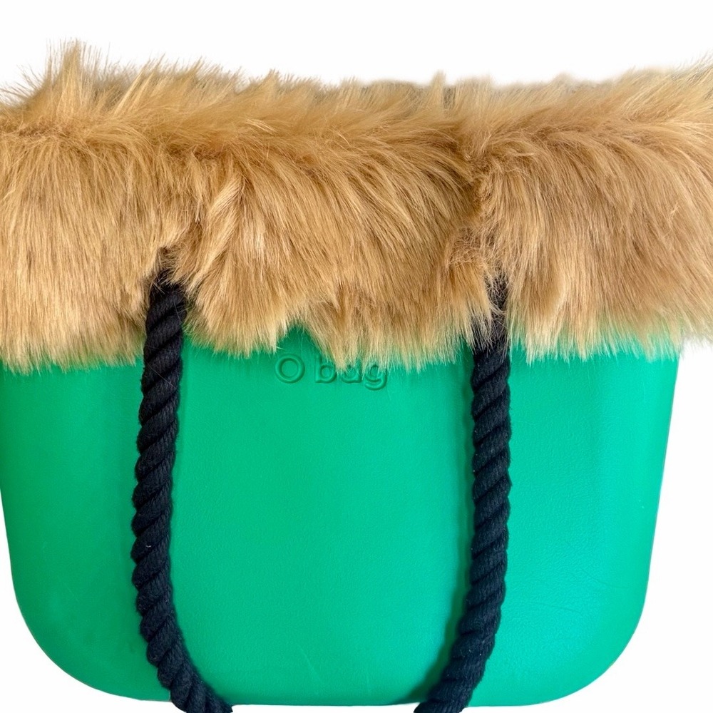 O Bag Large Green‎ Tote Faux Fur Trim Rope Handles Made in Italy Excellent
